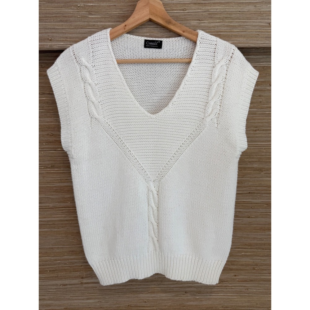 Vintage 80s 90s Catalina White Cable Knit Sleeveless Sweater Top - XL